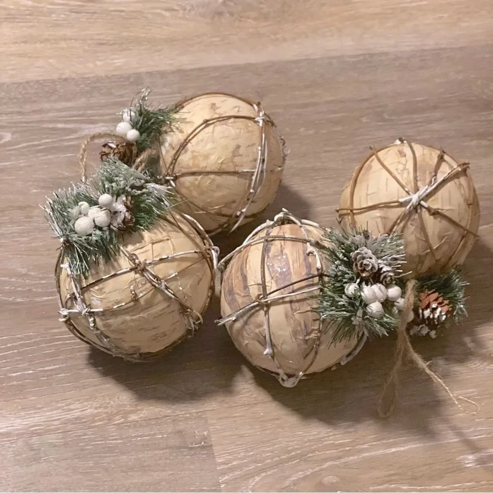 Large birch bark rustic glitter snowy holiday Christmas tree Ornaments set of 4